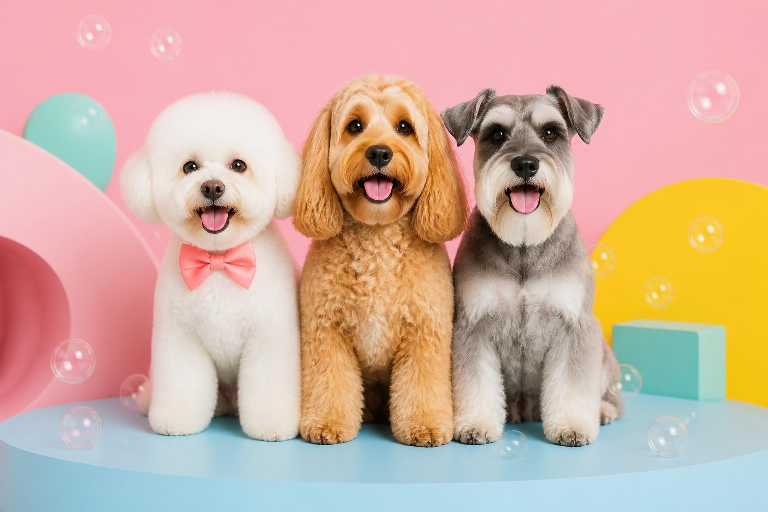 Three freshly groomed dogs against a colourful studio background